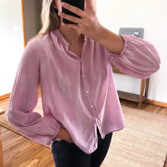Raquel Allegra Tops - Raquel Allegra Silk Blend Pink Tie Dye Button Down V Neck Long Sleeve Blouse S
